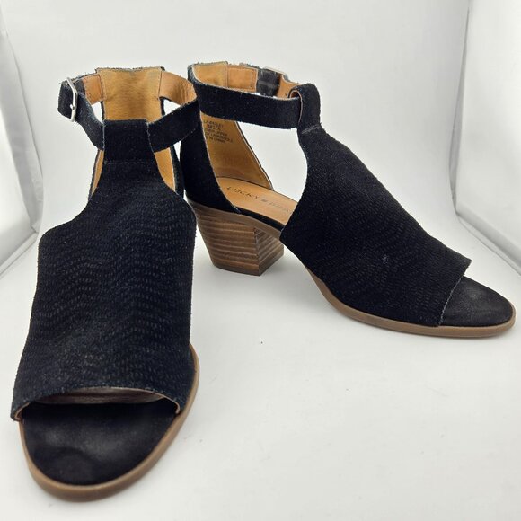 Lucky Brand Baxley Black Suede Bootie Sandals | Size 7M Peep Toe Ankle Strap - Picture 10 of 13